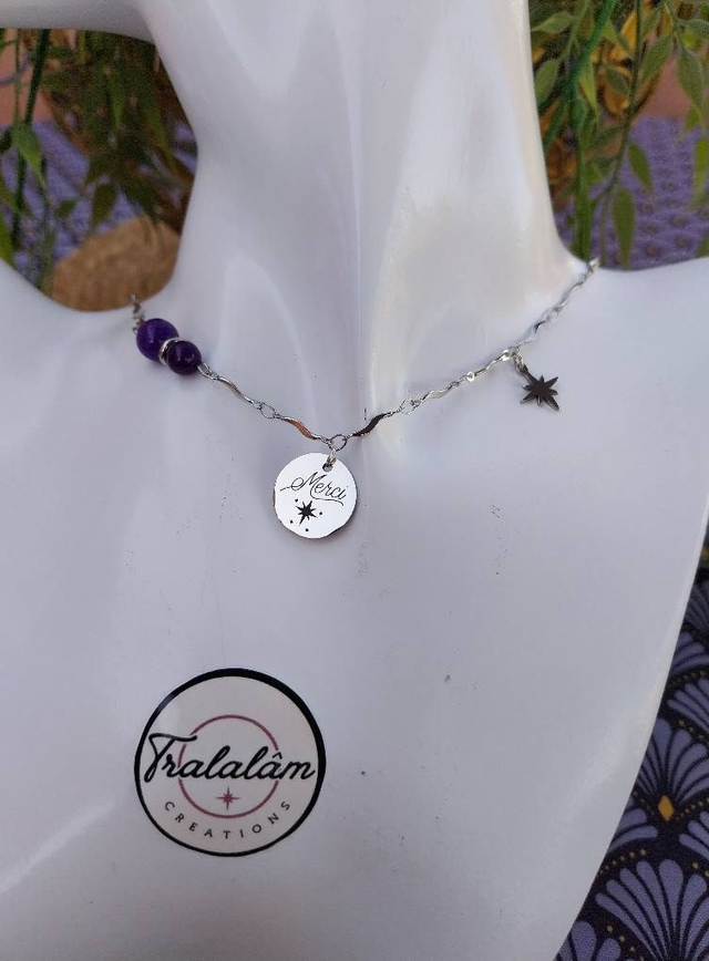 ✨Collier argenté MERCI chaîne torsadée perles améthyste✨