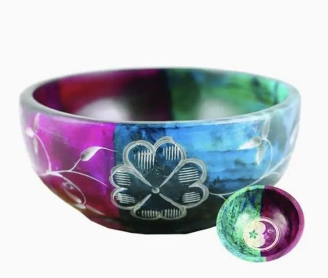 Vuolukivinen tahrakulho  turkoosi ja violetti kuu 