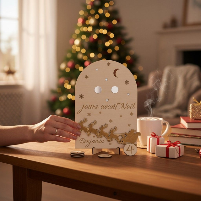 Calendrier de l'Avent , décompte de Noël - décoration personnalisée en bois gravé - décor Traîneau