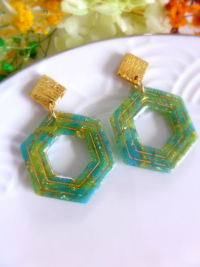 Boucles d'oreilles hexagonales - Jardin d'or