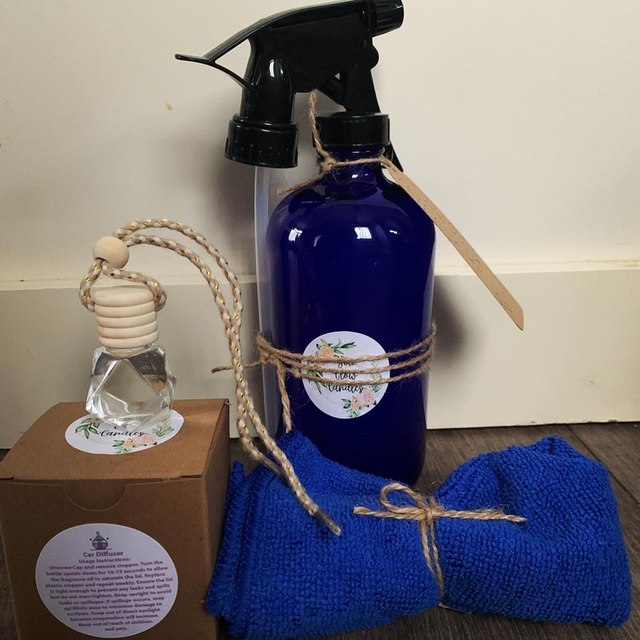 Car interior freshen up trio (includes one car diffuser, one 500ml multipurpose spray and one micro fibre cloth) available in all fragrances 