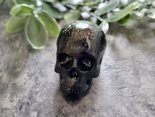 Skull Ornament - Medium - Black with Silver & Green Glitter