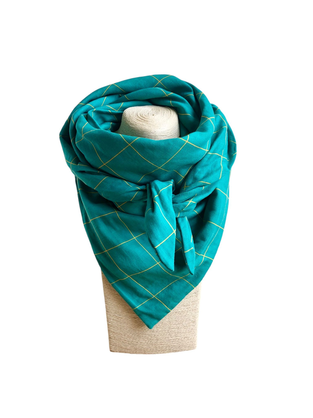 Foulard triangle - grille - vert et lignes jaunes