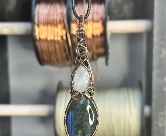 Blue Labradorite &amp; Rainbow moonstone pure copper wrapped pendant 