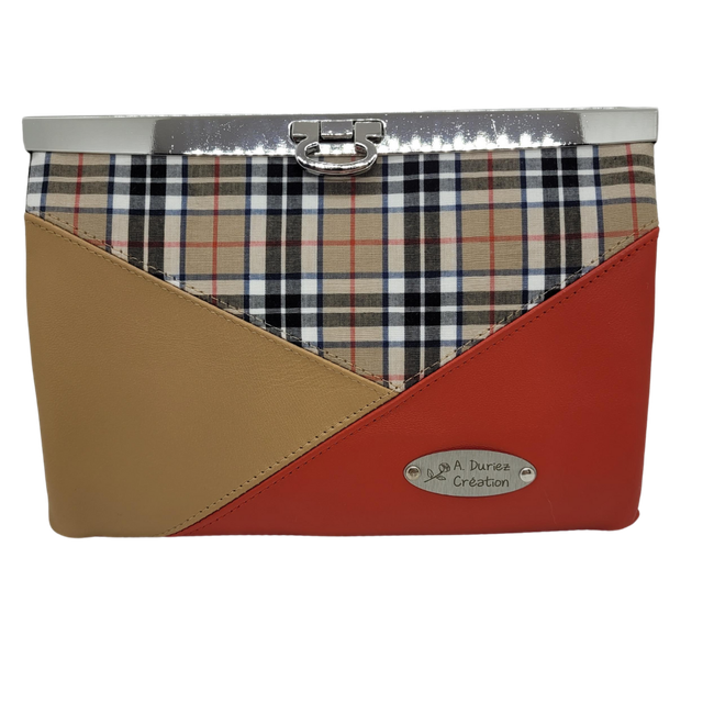 Grand Portefeuille Tartan et Cuir Agneau rouge et beige