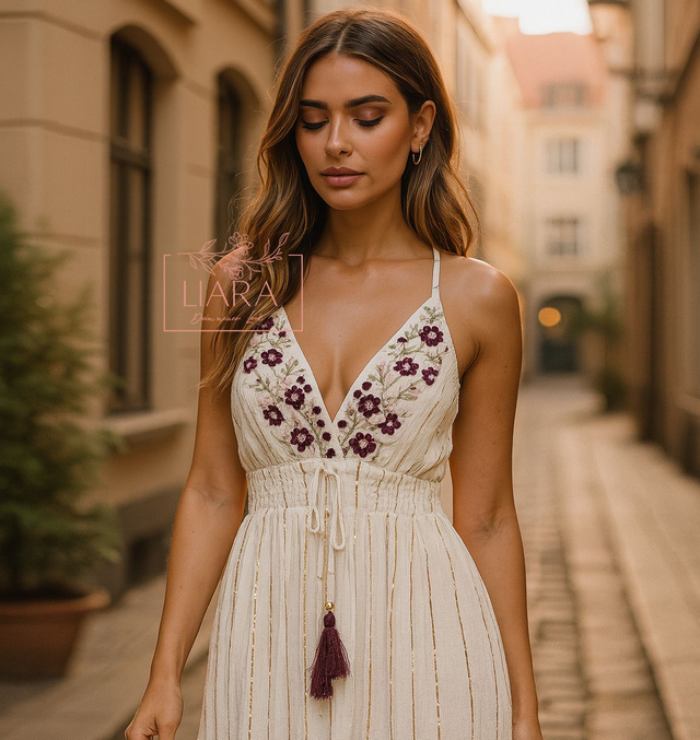 Maxi Sommerkleid mit violetten Blüten am Dekollete Onesize