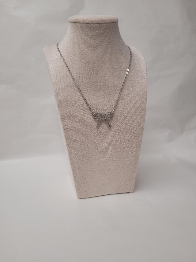 Silver rhinestone bow charm necklace - 18inch silver plated - HBH-056