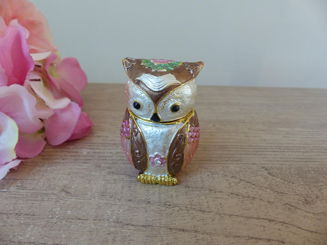 Pilulier Boite à Bijoux Miniature Boite à Secrets Articulée Chouette Hibou en Métal Emaillé avec Strass Vintage, Hibou Porte Bonheur Déco