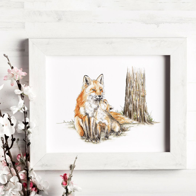 Fox &amp; Cub Print - After an original ink and watercolour illustration 