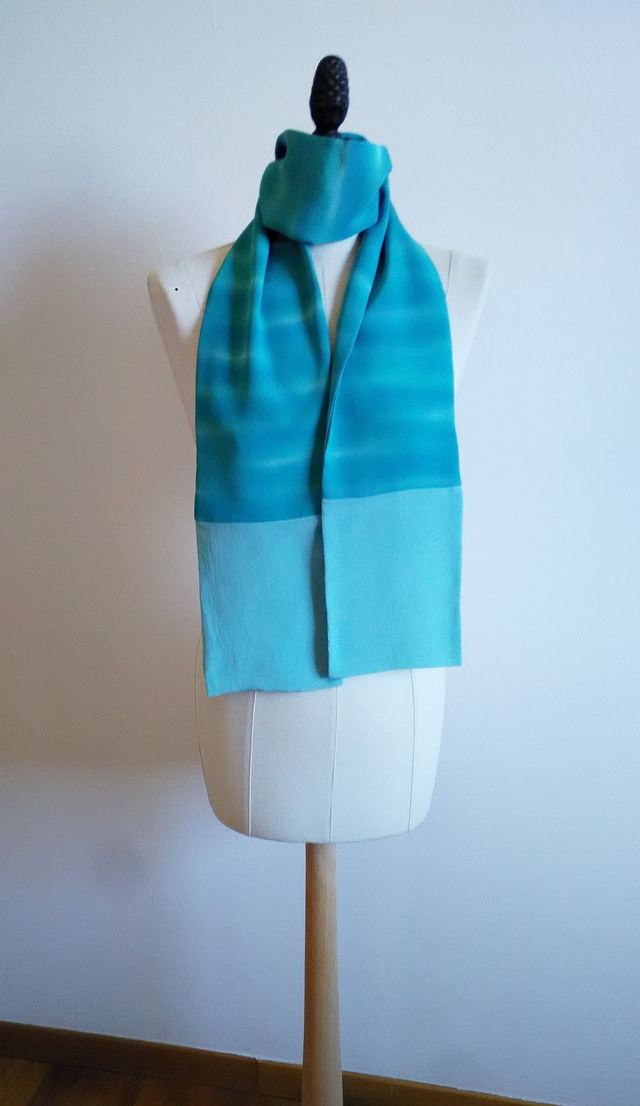 Silk Scarf, Green Blue Color, BOKASHI Gradation Pattern Vintange Japanese Kimono Silk and Italian Silk,Hand Dyed with Indigo Leaf