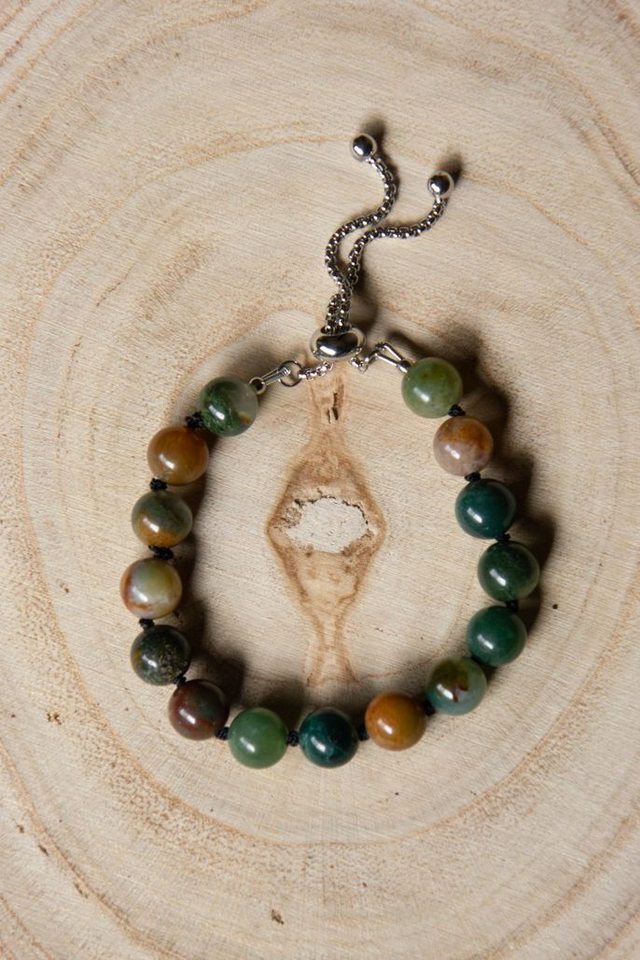 (XS-S) Agate indienne / Bracelet coulissant inox et fil de soie