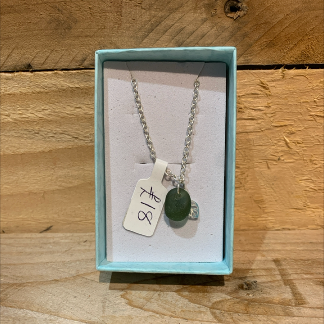 Silver Necklace with Seaglass and Leaf 