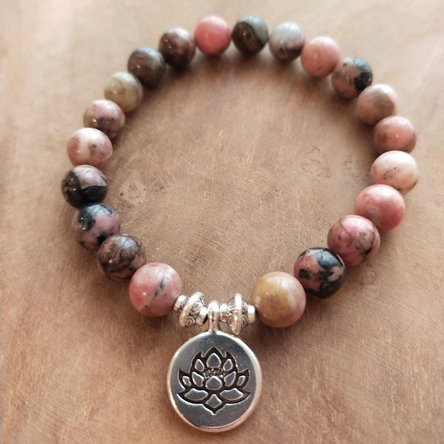 Bracelet "Quiétude" en Rhodonite rose et noire naturelle AA 8 mm 