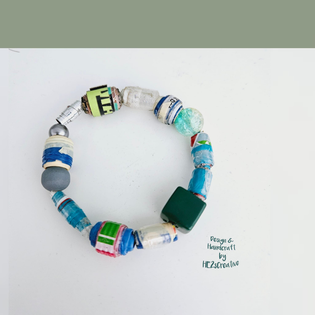 Recycled Plastic Beads Unique Shape & Pattern Handmade Elastic Bracelet