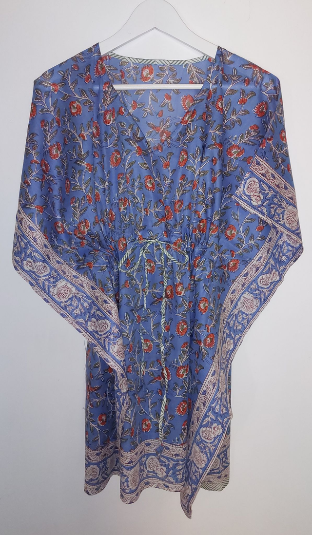 Caftan court en coton imprimé – Léger, artisanal et estival - bleu