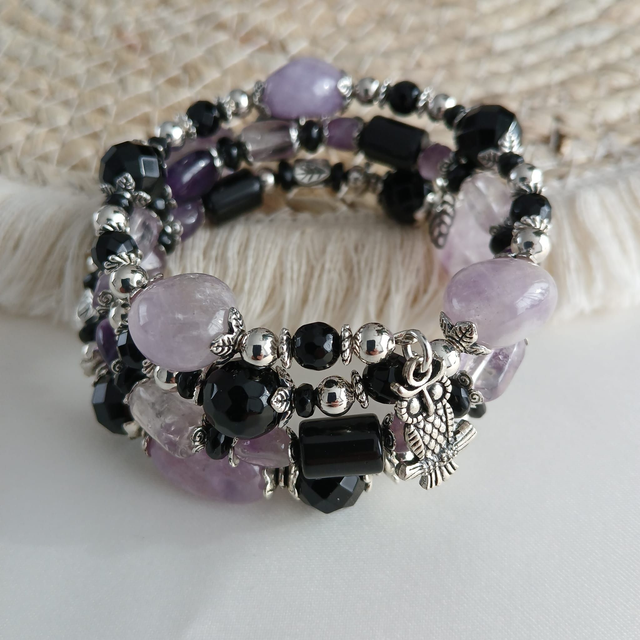 Dames wikkelarmband Ametrien en Onyx - rvs met bedels (1.302)