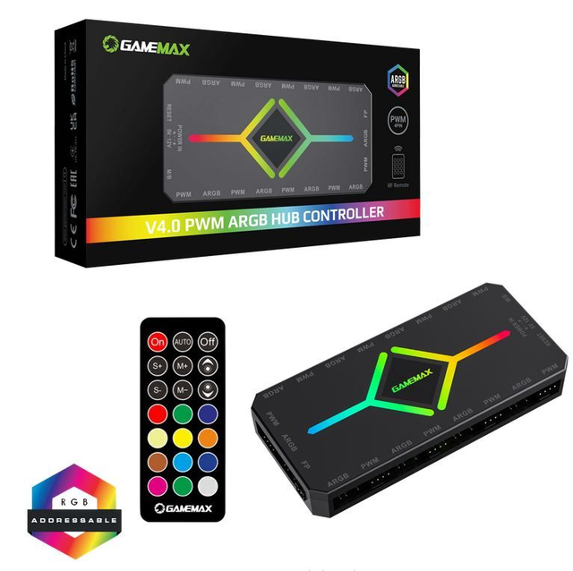 GameMax V4.0 ARGB PWM 9 Port Black Fan Hub With SATA Power and RF Remote 