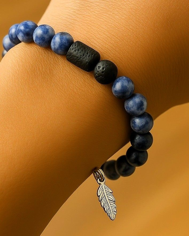 Sodalite &amp; Lava Bead Bracelet – Handmade Sterling Silver Feather Charm Jewellery for Intuition, Grounding &amp; Emotional Clarity