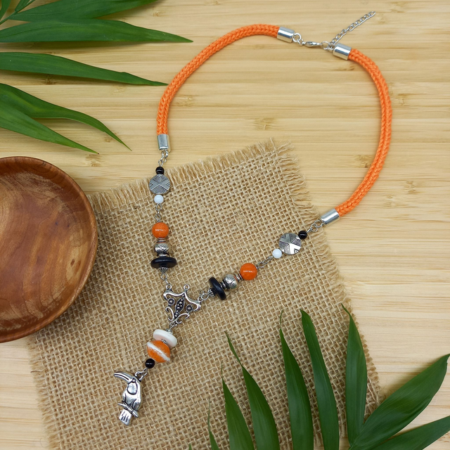Parure orange et argentée - Collier ras de cou Toucan