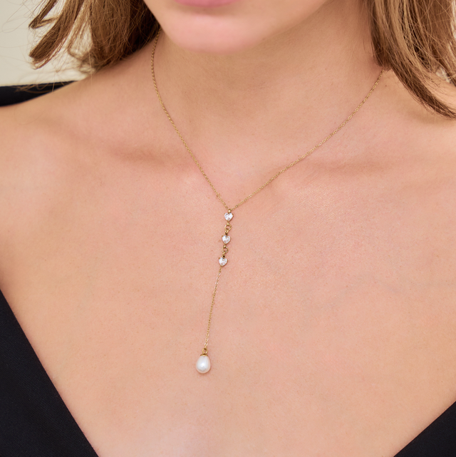 Collier Y perle et strass cœur 