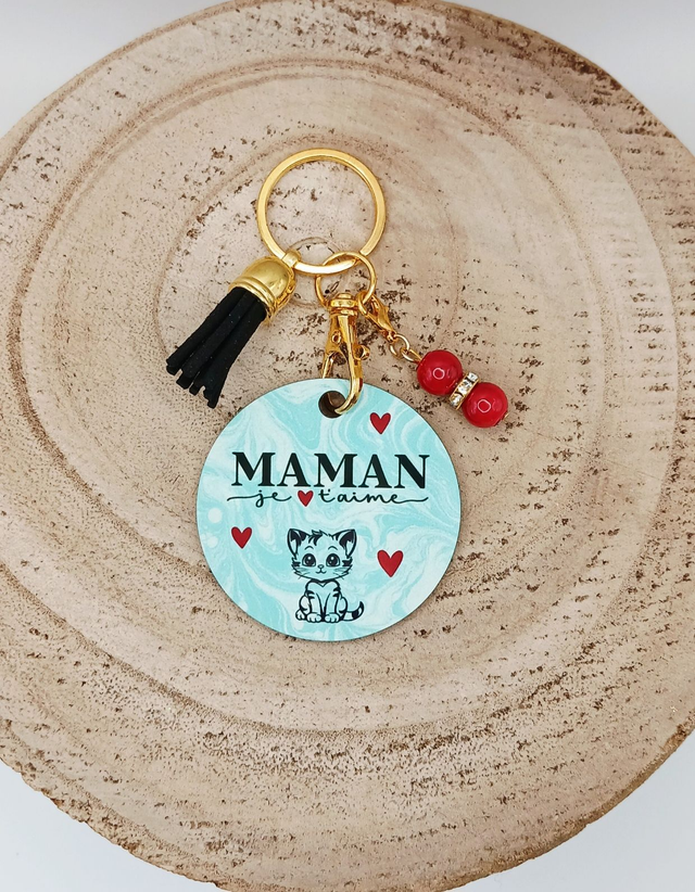 Porte-clé en MDF (bois) sublimé &quot;Je t&#039;aime Maman avec un chaton&quot; avec 2 breloques.  