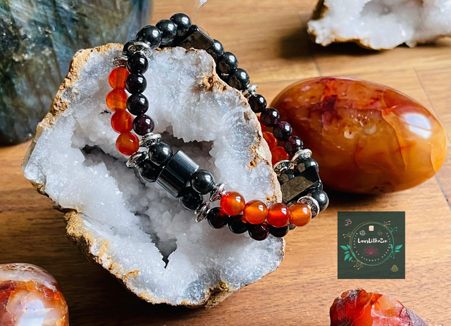 Double bracelet en Grenat- Cornaline et Hématite