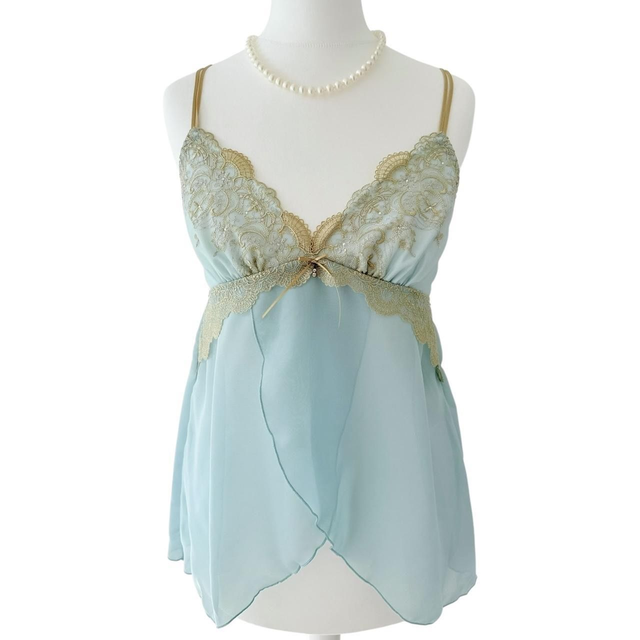 Japanese brand coquette blue and gold lace + floral embroidered cups cami