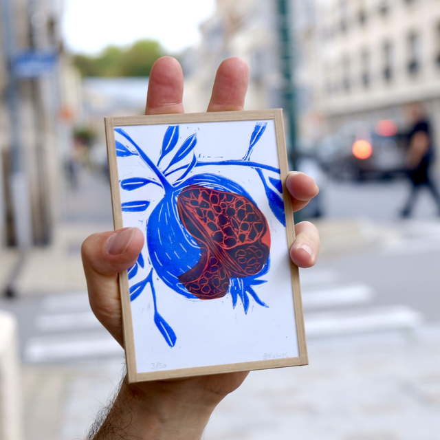 Pomme grenade bleu outre-mer et rouge - petit cadre 10x15