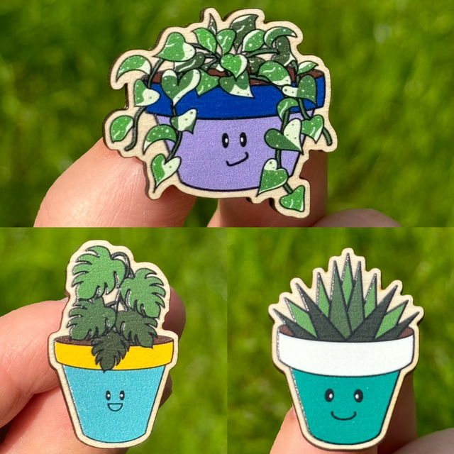 Plant Pot Pal Wooden Pin Badge Set Of Three