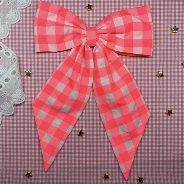 Neon Pink Gingham Hair Bow 