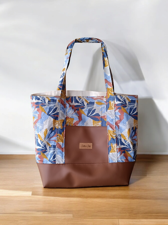 Sac cabas simili cuir tissu fleuri 