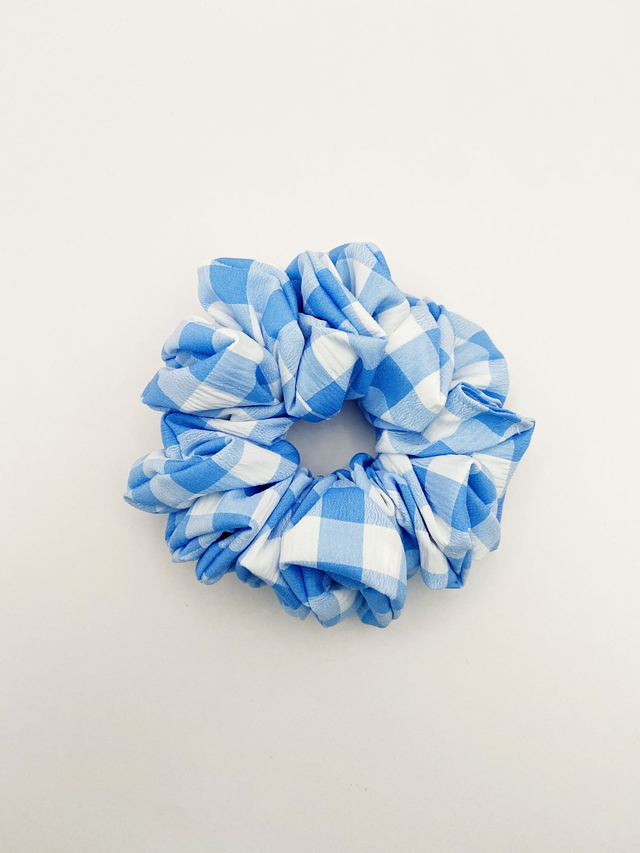 Chunky blue gingham hair scrunchie