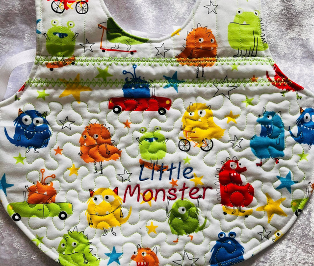 Embroidered Baby Bib Apron - Little Monster - age 3-12 months