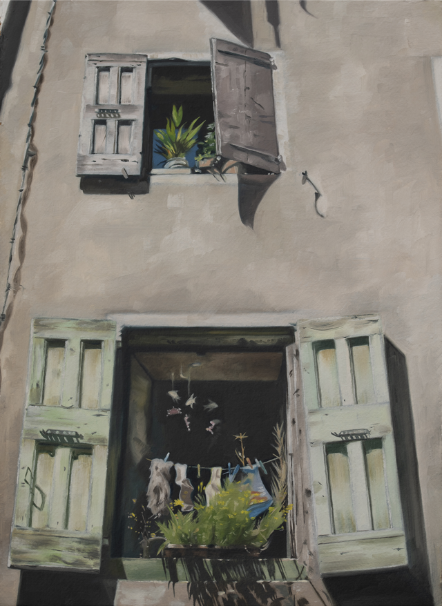Original Oil Painting - French Shutters with Windowbox (Framed)
