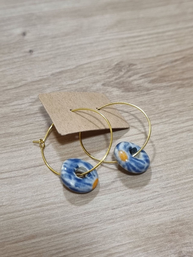 Ceramic Hoop Circle Earrings - Blue Flower