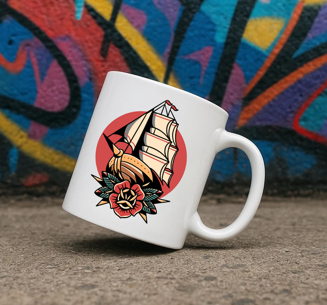 Traditional Tattoo Style Clipper Ship 11oz Ceramic Printed Mug Design
