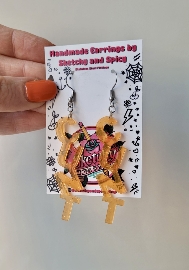 Earrings- Orange Glitter CUNT Swear Earrings | Stainless Steel Shepherd Hooks