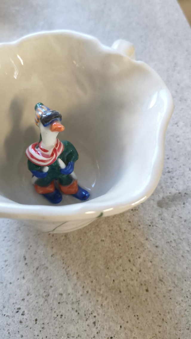 Handcrafted Ceramic Cup with Green Stripes &amp; Skiing Duck
