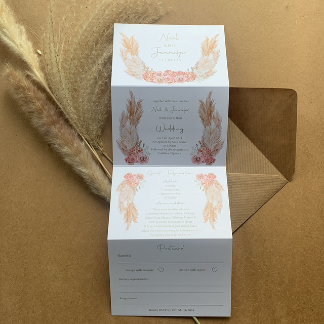 Pampas grass and blush pink florals - concertina wedding invitations - including guest information &amp; tear off RSVP postcard