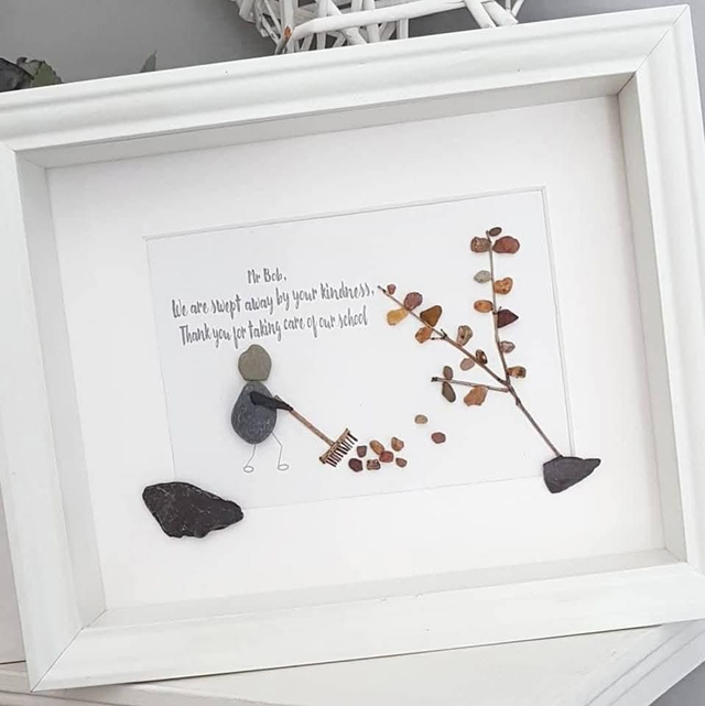 Handmade Caretaker Gift – Pebble Art Man Sweeping Leaves Picture – Thank You Gift for School Caretaker