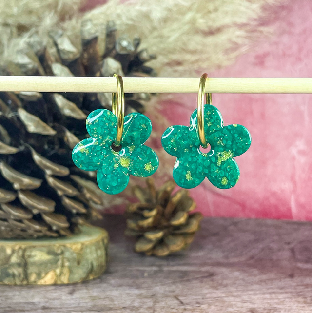 Maxi fleurs - Vert impérial &amp; éclats doré (sans créoles)