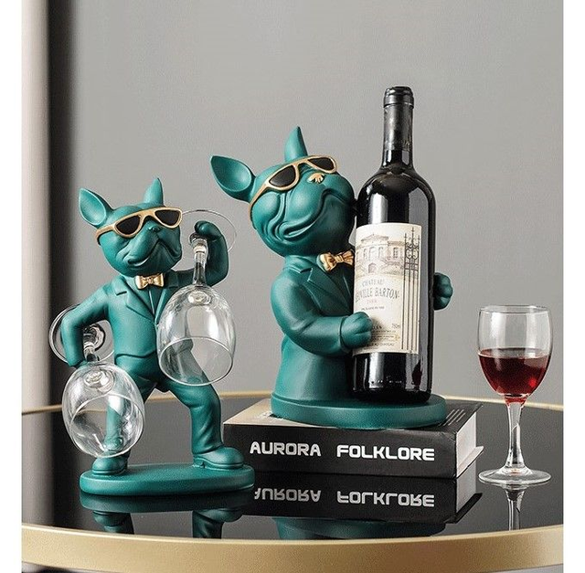 V1-1.1 -  Porte-bouteille de vin et verre à vin statue de chien pour la décoration de table