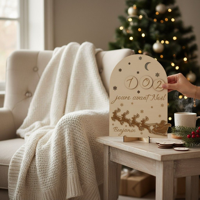 Calendrier de l'Avent , décompte de Noël - décoration personnalisée en bois gravé - décor Traîneau