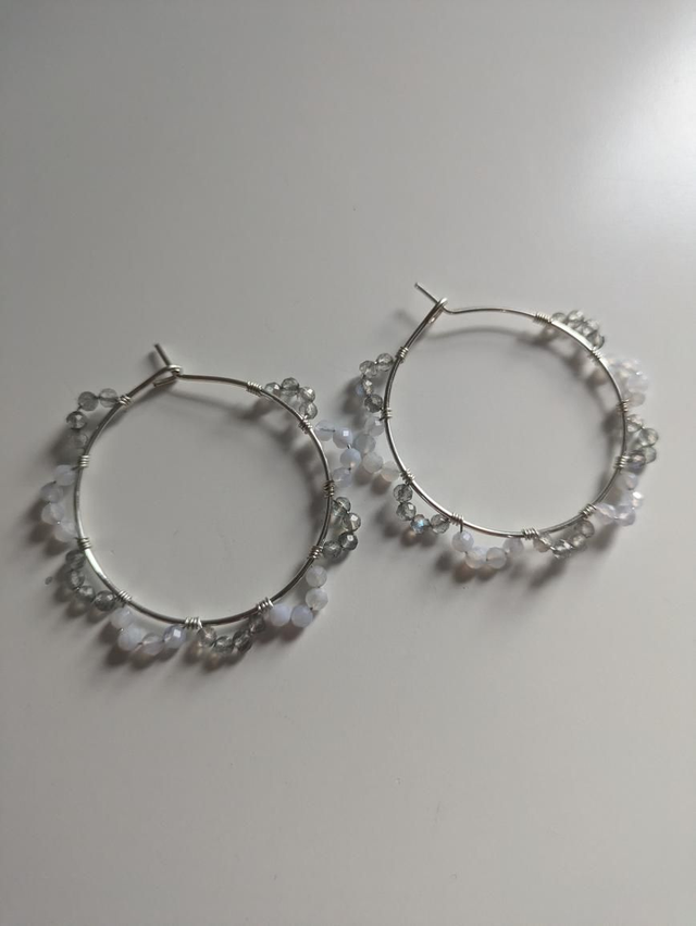 Labradorite and chalcedony beaded large hoops