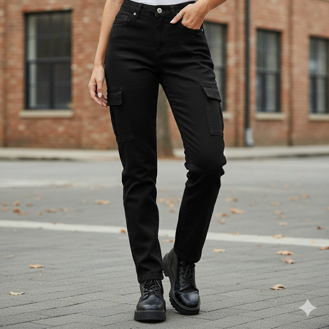 Jean Cargo Noir Femme Coupe Droite – Denim Stretch avec Poches Latérales et Taille Haute 