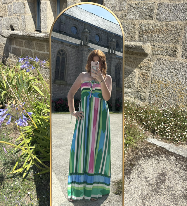 Robe longue bustier vert rose bleu 