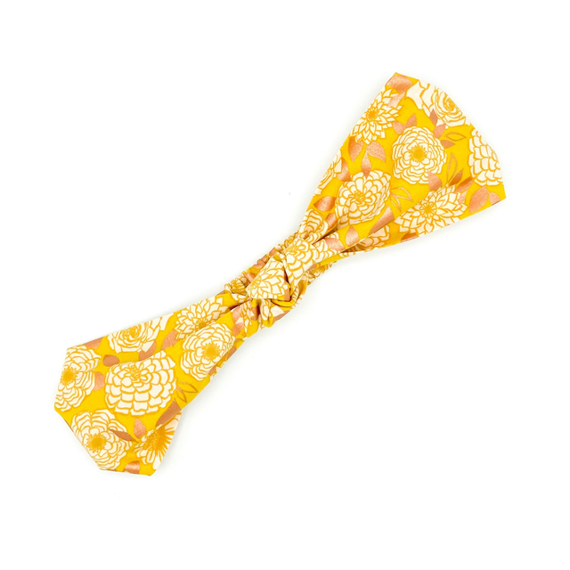 Knotted Elasticated Headband - Yellow Metallic Gold Floral (Dahlia)