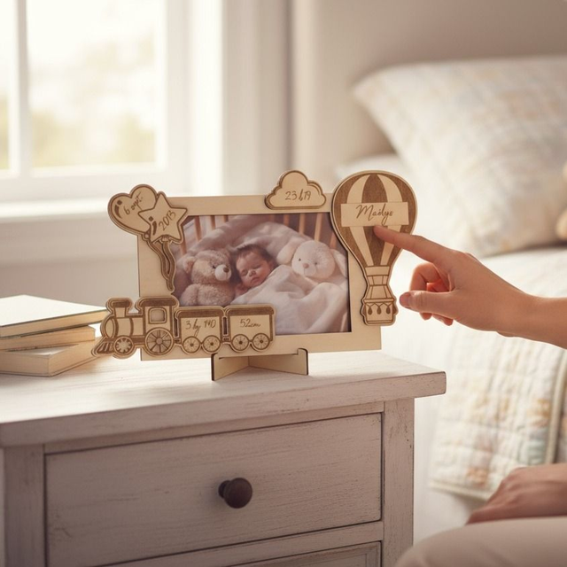 Cadre photo personnalisé en bois gravé – décor train et montgolfière pour enfant