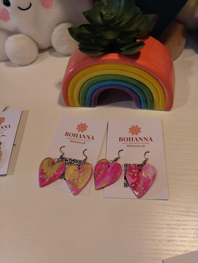 Handmade polymer clay earrings - pink and gold metallic heart's