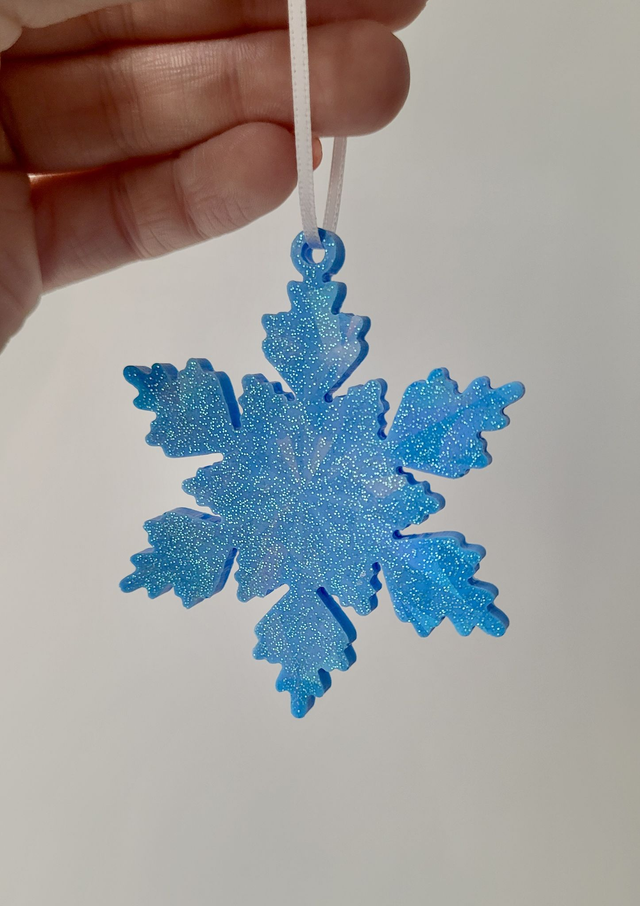 Solid Blue Glitter Snowflake Decoration – Chunky Resin Bauble – Christmas Ornament